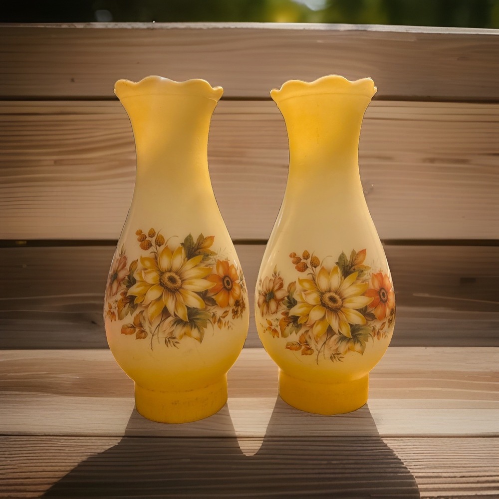 Vintage Yellow Floral Glass Round Lamp Shade for Oil Lamp Scalloped Edge TWO